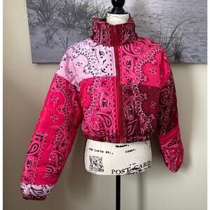 Women's cropped puffer bandana zip up jacket, size medium coat